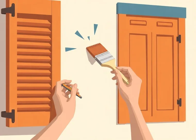 Mise en peinture au pinceau de volets et d'encadrements en bois