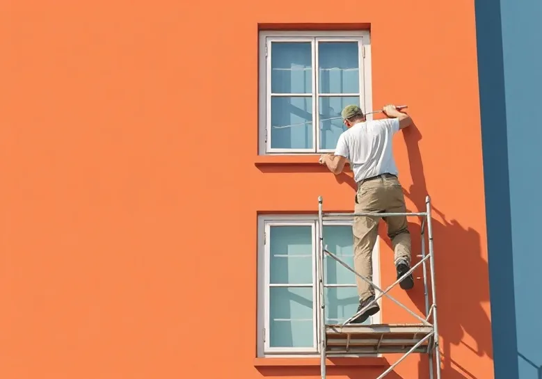 Peintre sur échafaudage traitant la façade d'une maison