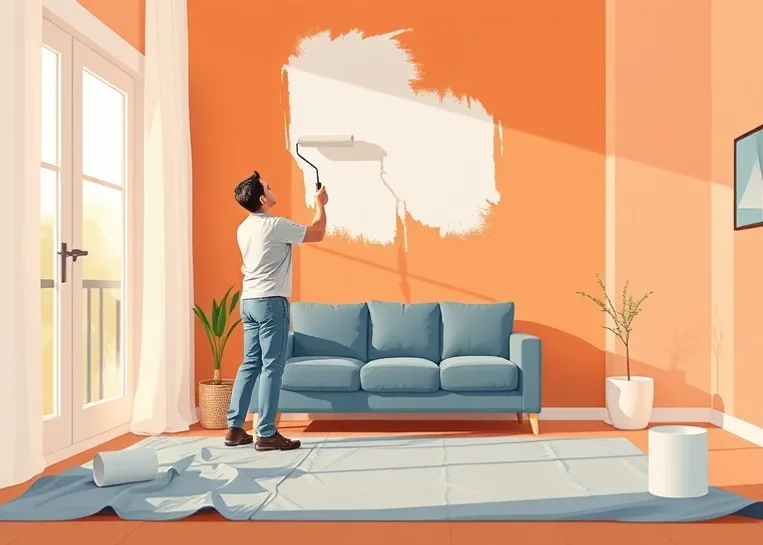 Peintre appliquant la peinture au rouleau sur un mur de salon